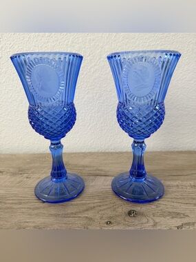 Avon Fostoria George and Martha Washington Glasses Blue Cobalt Goblets 8” tall